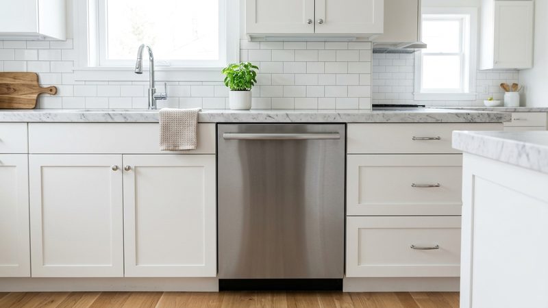 Lavavajillas de acero inoxidable empotrado moderno en una cocina premium luminosa